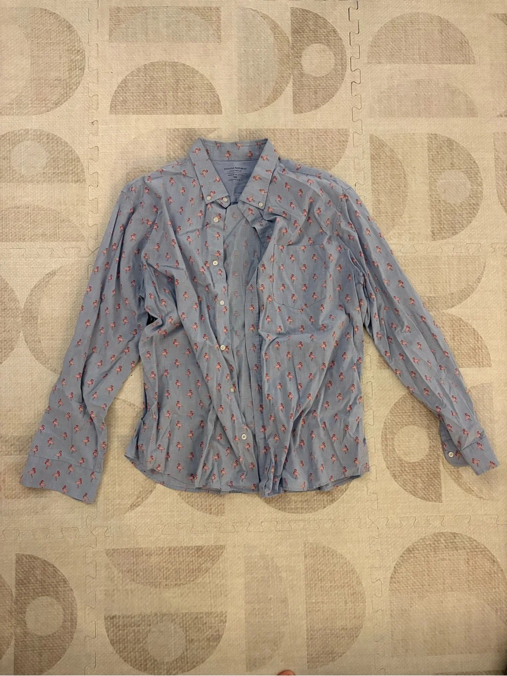 Banana Republic Light Blue Button-Down Shirt with Pink Flamingo Print